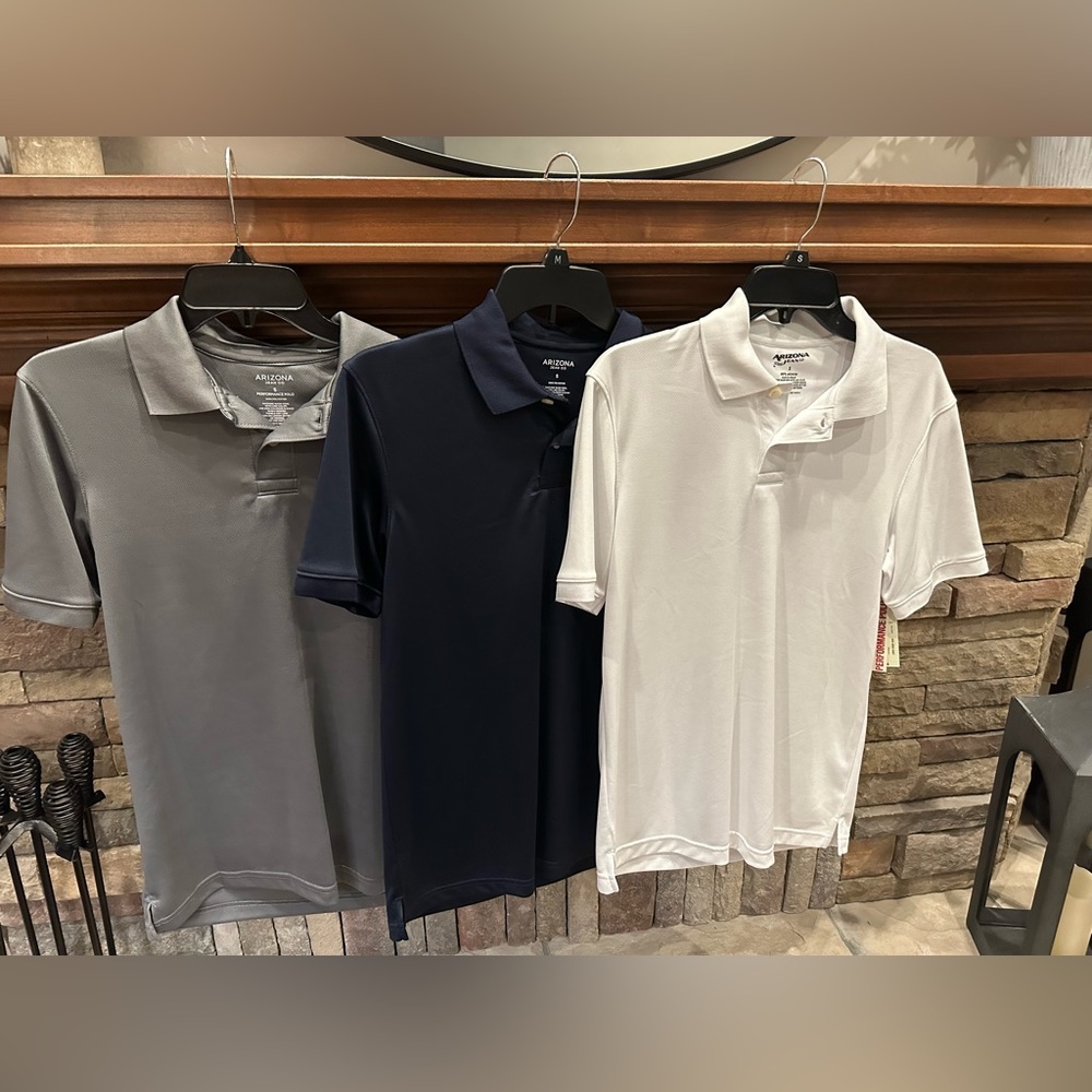 Three small Arizona Polo’s. White, Navy, Gray,